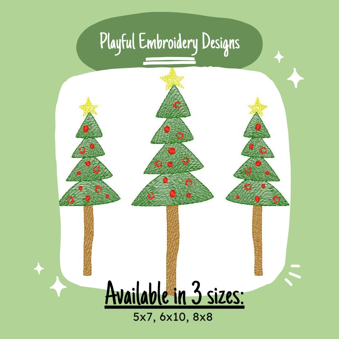 Whimsical Sketch Christmas Tree Trio Machine Embroidery Design, 5x7, 6x10, 8x8