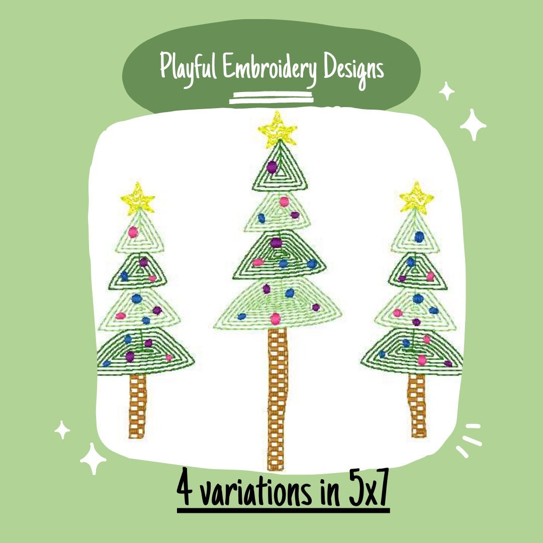Whimsical Sketch Christmas Tree Trio Machine Embroidery Design Package, 5x7 hoop