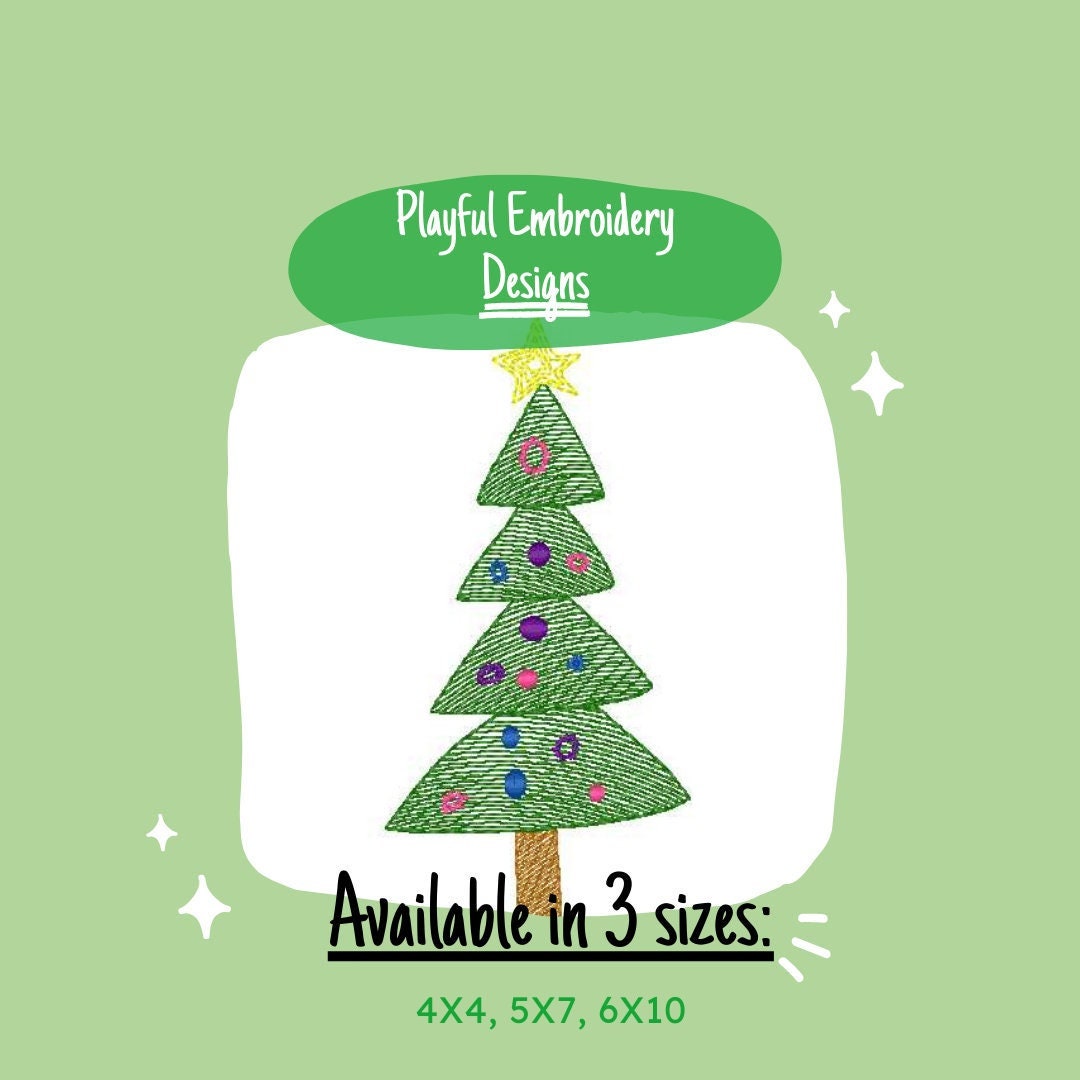 Colorful Whimsical Sketch Christmas Tree Machine Embroidery Design, 4x4, 5x7, 6x10