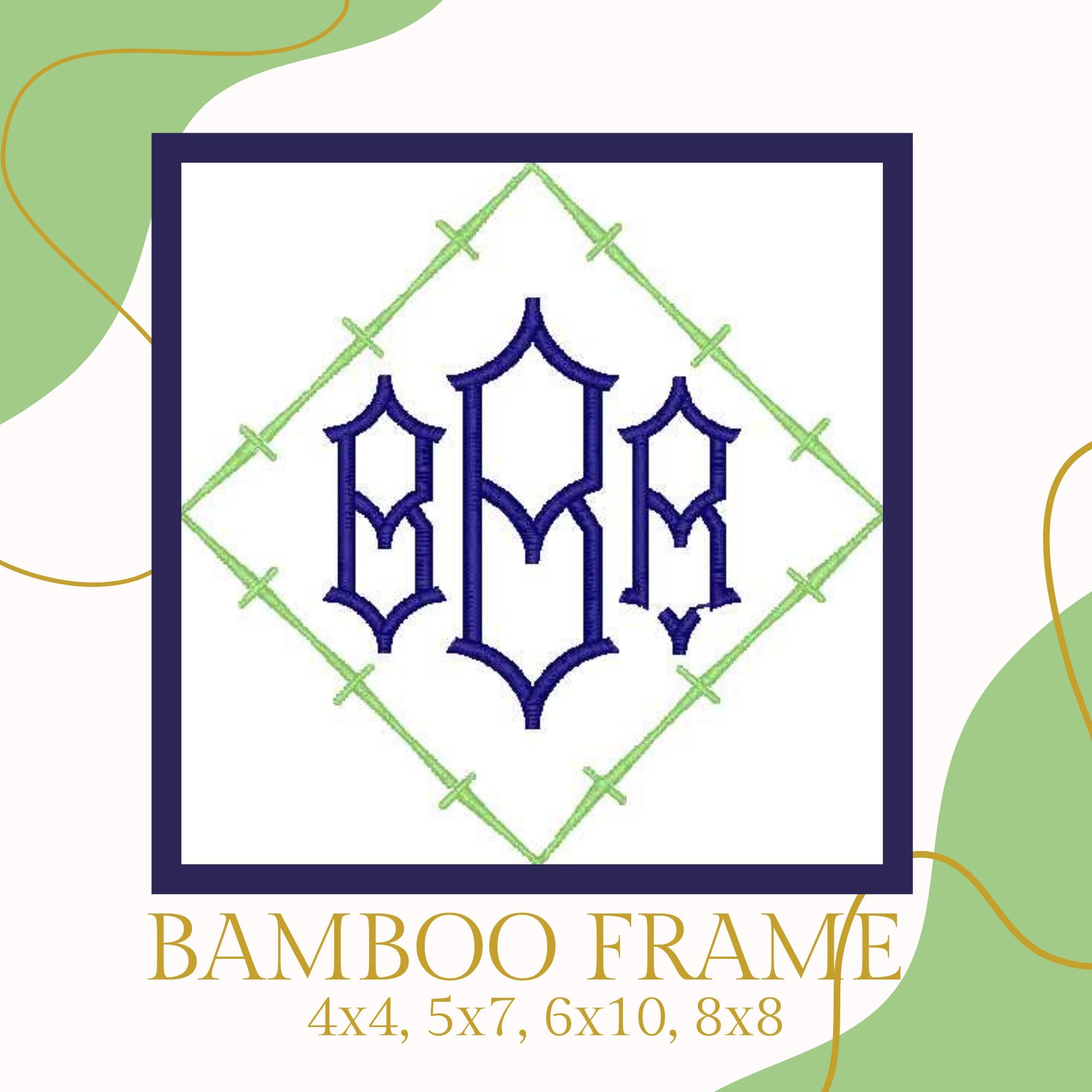 Bamboo Inspired Monogram Frame Machine Embroidery Design, 4x4, 5x7, 6x10, 8x8, Chinoiserie Monogram Frame Design