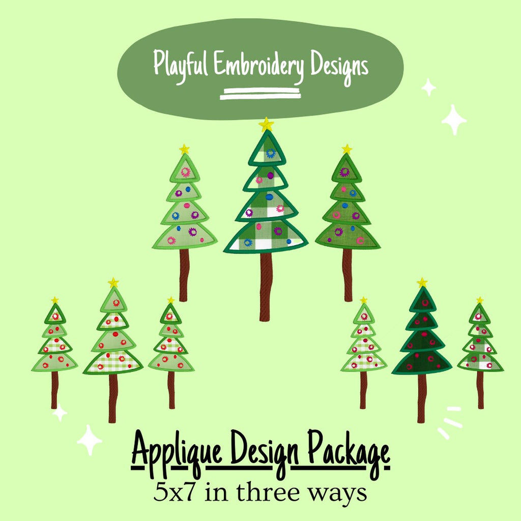 Whimsical Christmas Tree Applique Trio Machine Embroidery Design Package, 5x7 hoop
