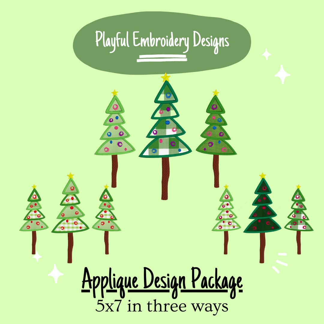 Whimsical Christmas Tree Applique Trio Machine Embroidery Design Package, 5x7 hoop
