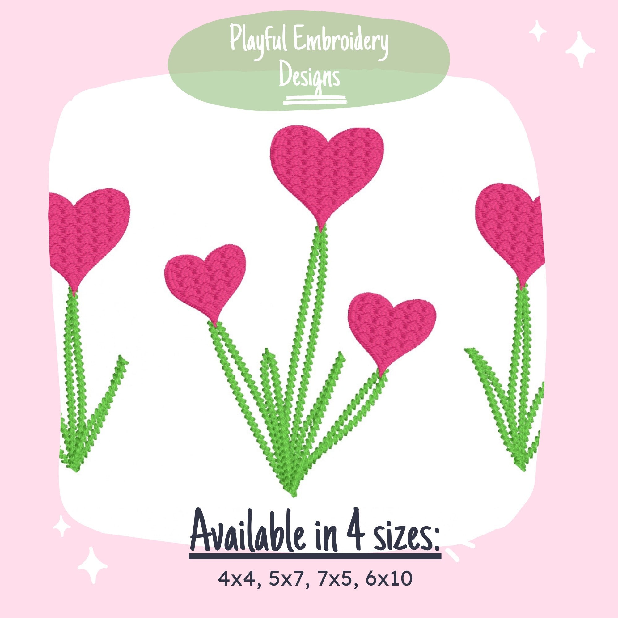 Flower Hearts Trio Machine Embroidery Design, Three Heart Flower Plants Embroidery Design, Valentine's Embroidery Design
