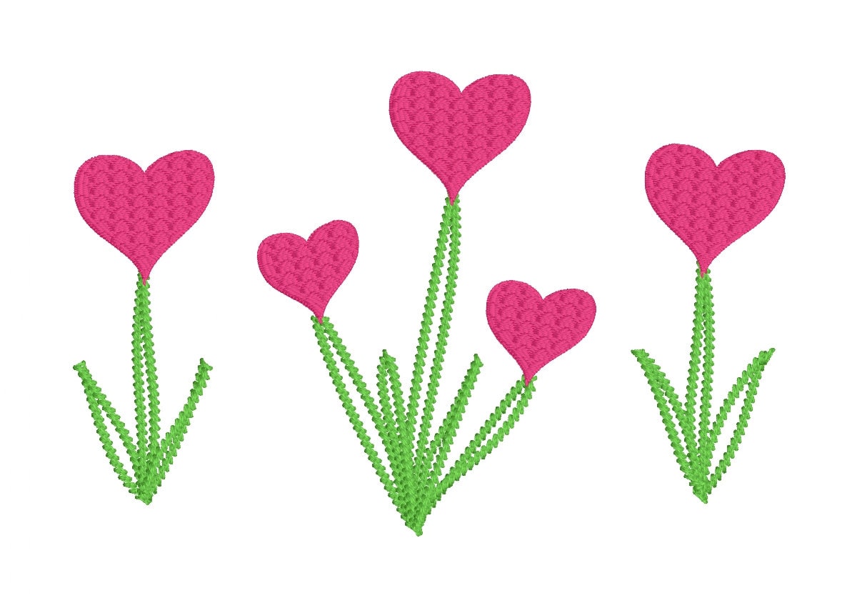 Flower Hearts Trio Machine Embroidery Design, Three Heart Flower Plants Embroidery Design, Valentine's Embroidery Design