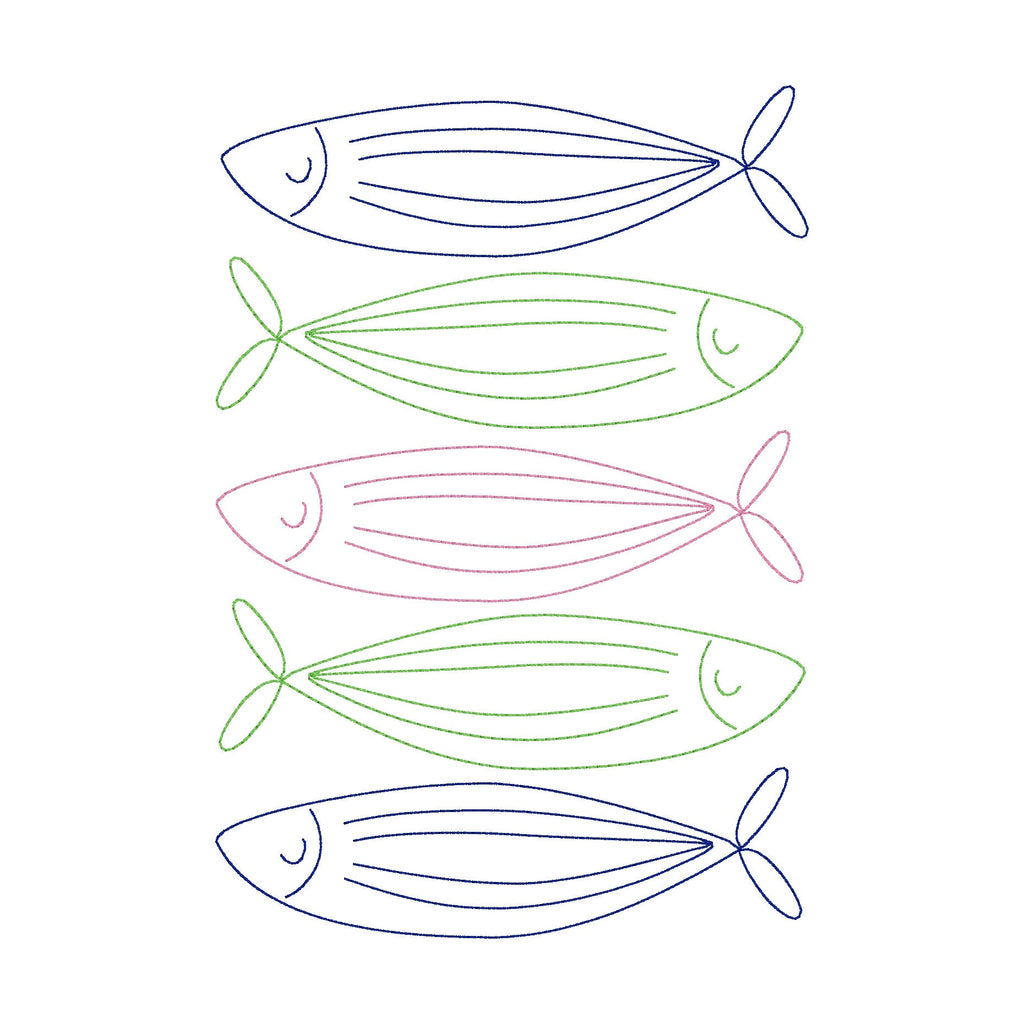 Stacked Bean Stitch Fish Outline Machine Embroidery Design, Five Fish Outlines Embroidery Design, Quick Stitch Fish Design