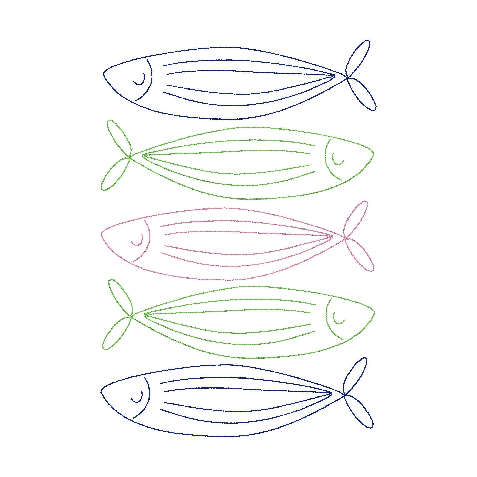 Stacked Bean Stitch Fish Outline Machine Embroidery Design, Five Fish Outlines Embroidery Design, Quick Stitch Fish Design