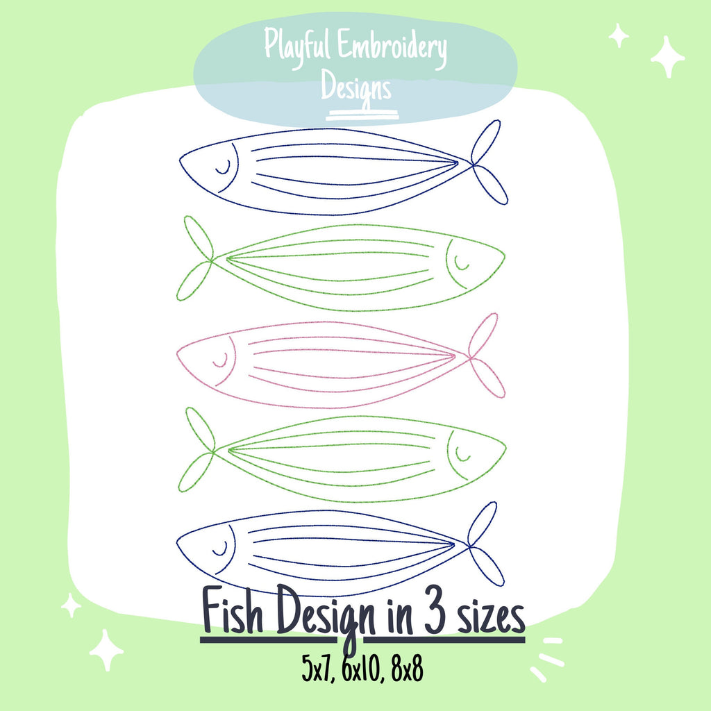 Stacked Bean Stitch Fish Outline Machine Embroidery Design, Five Fish Outlines Embroidery Design, Quick Stitch Fish Design