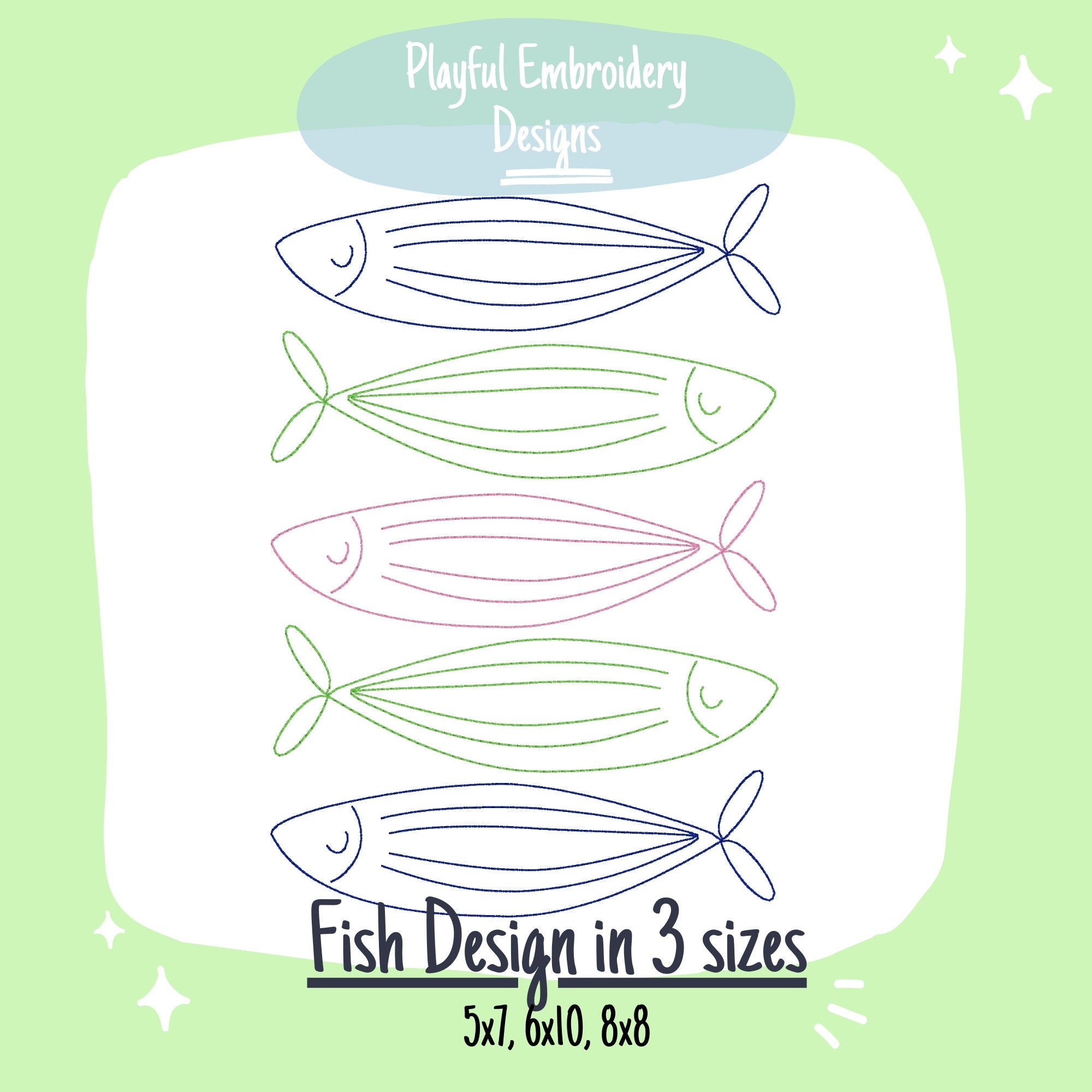 Stacked Bean Stitch Fish Outline Machine Embroidery Design, Five Fish Outlines Embroidery Design, Quick Stitch Fish Design
