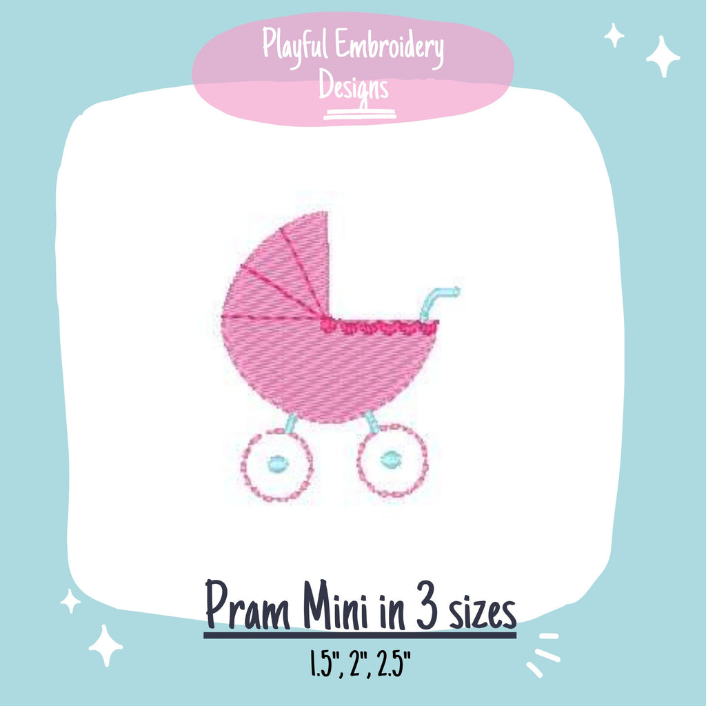 Mini Baby Carriage Machine Embroidery Design, Mini Baby Pram Embroidery Design, 2" Embroidery Design