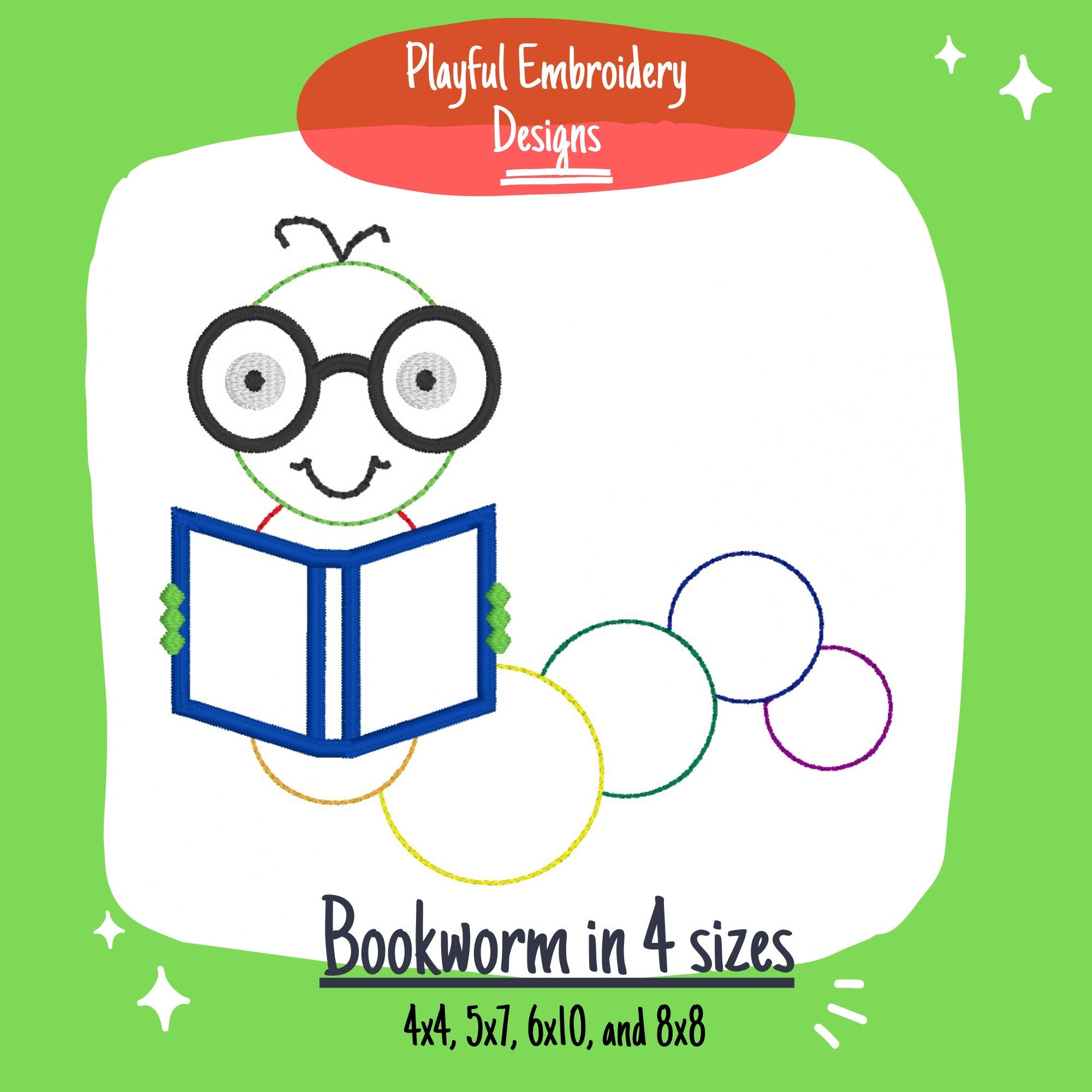 Bookworm Machine Embroidery Design, Fall Embroidery Design, Back to School Machine Embroidery Design, Quick Stitch Bookworm Design