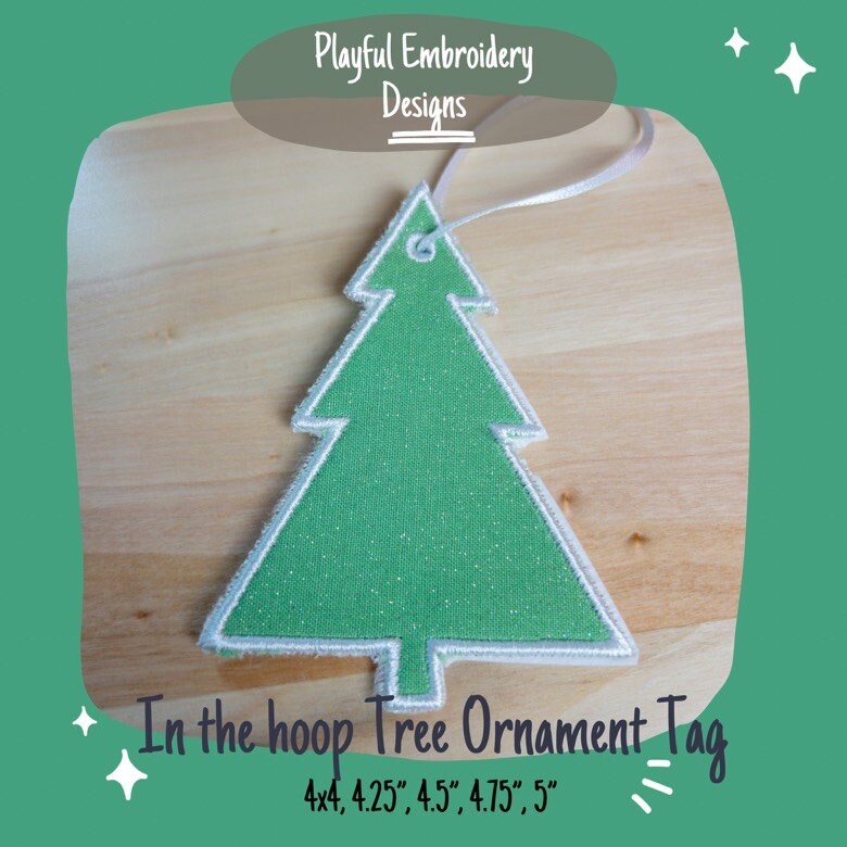 In The Hoop Christmas Tree Ornament Machine Embroidery Design, Simple ITH Tree Gift Tag, 4x4, 5x7