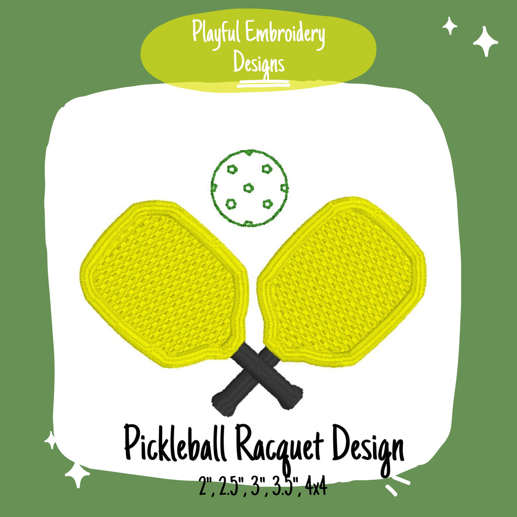 Pickleball Embroidery Design, Embroidered Pickleball Racquet Machine Embroidery Design, Quick Stitch Pickleball and Racquet Design
