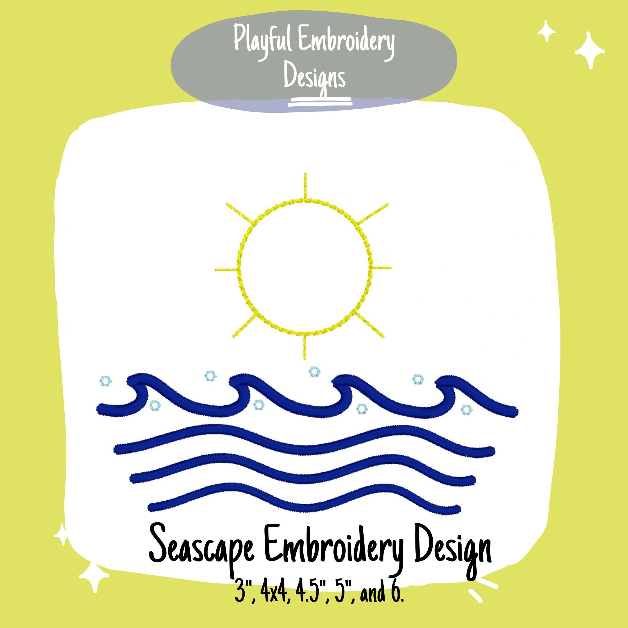 Seascape Machine Embroidery Design, Beach Embroidery Design, Summer Embroidery Design, Sun and waves Embroidery Design