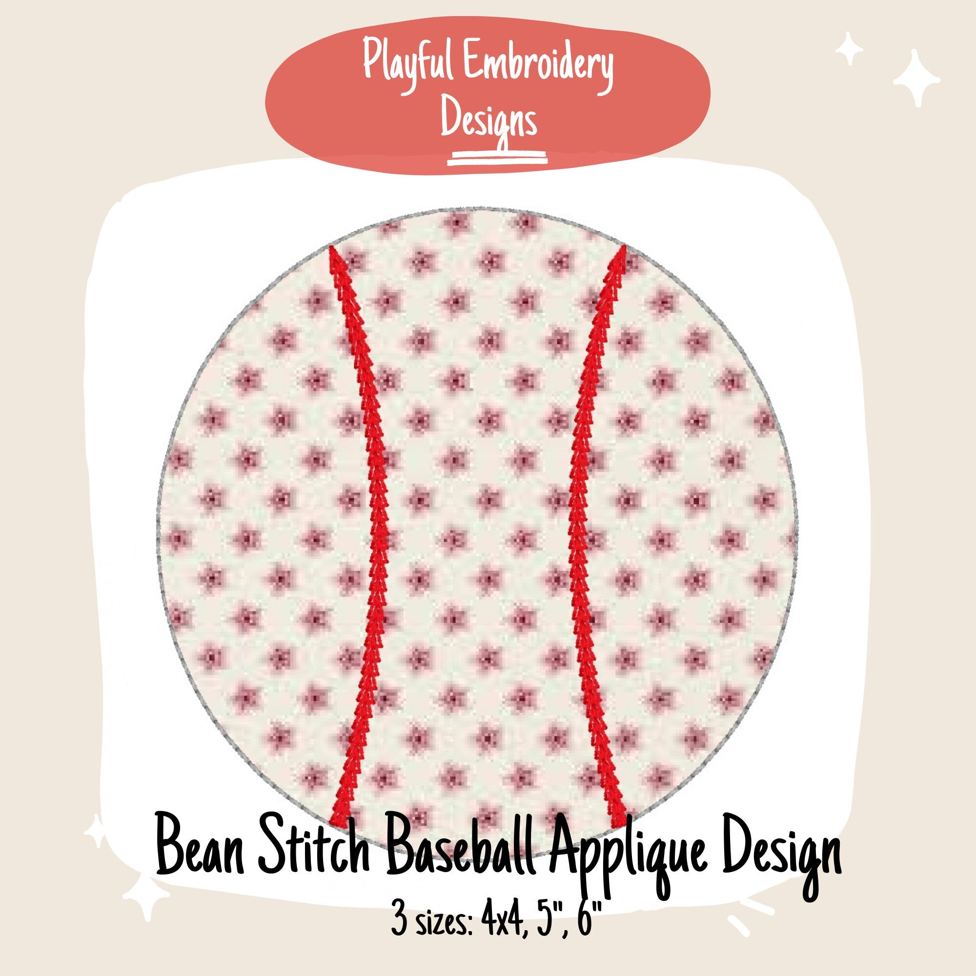 Baseball Bean Stitch Applique Design, Quick Stitch Baseball Embroidery Design, Bean Stitch Baseball Design