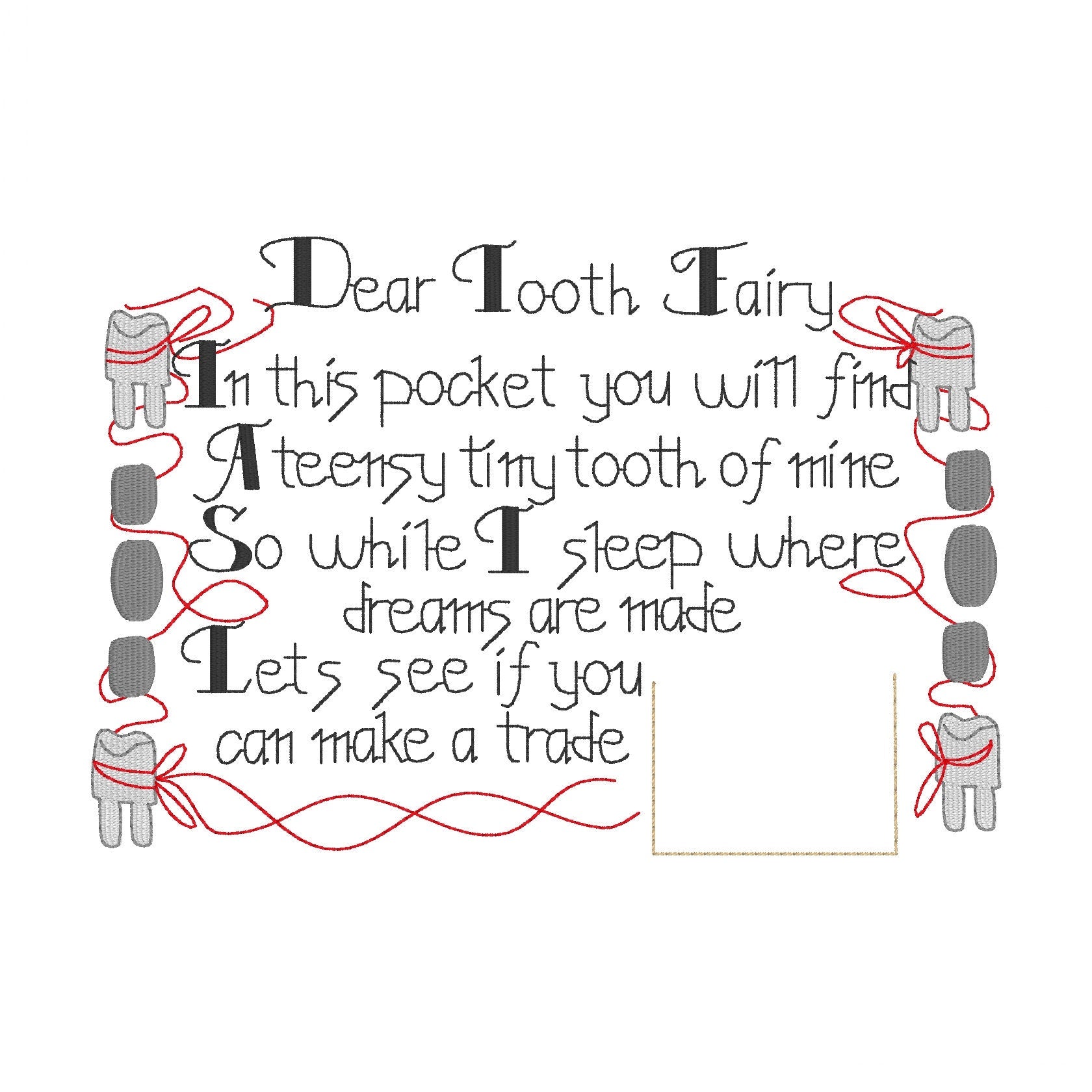 Tooth Fairy Pillow Embroidery Design, 5x7, Vintage Inspired Tooth Fairy Pillow Front, Machine Embroidery Design