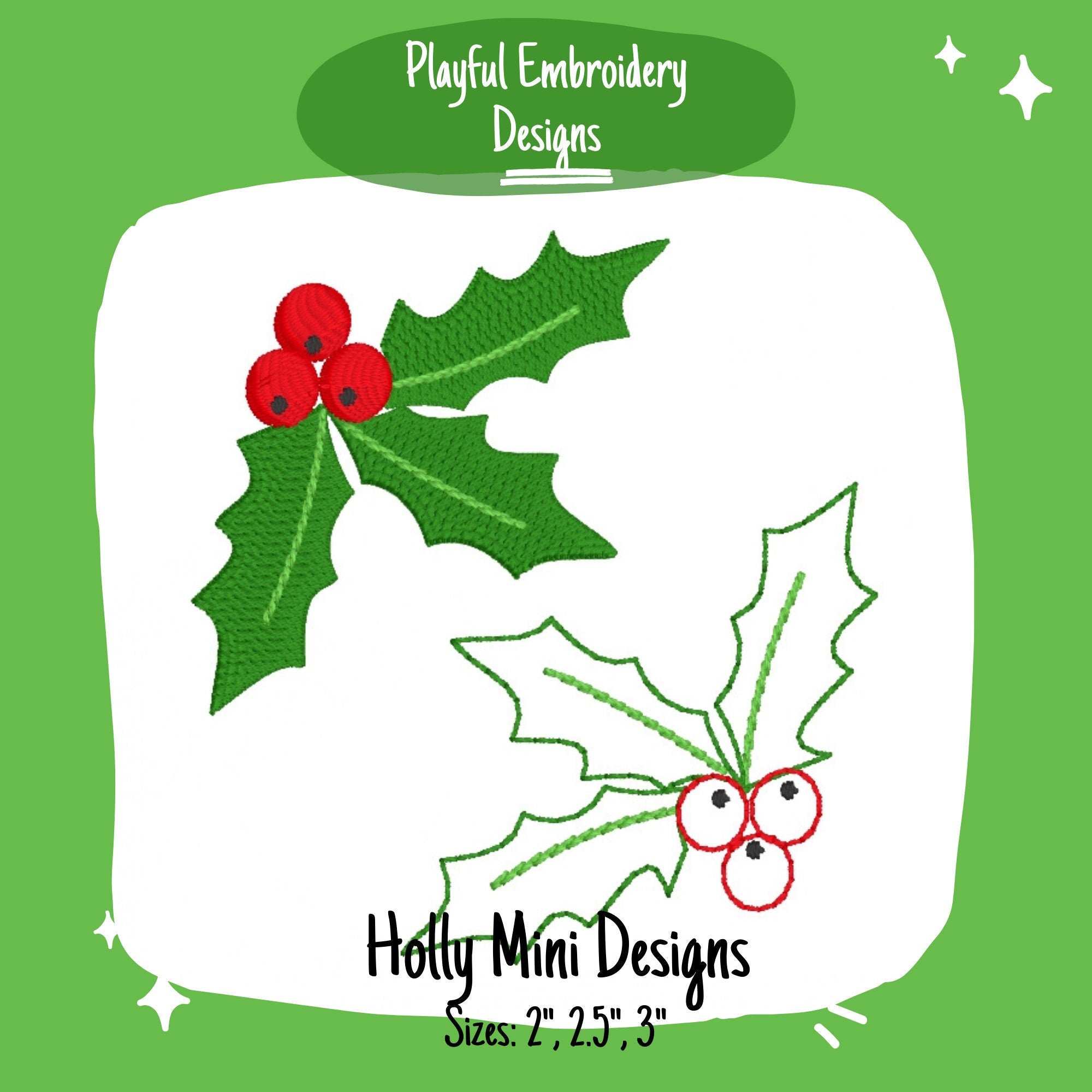 Holly Machine Embroidery Design, Mini Holly Embroidery Design, Christmas Designs for small embroidery, Bean Stitch Holly Design, Fill Stitch