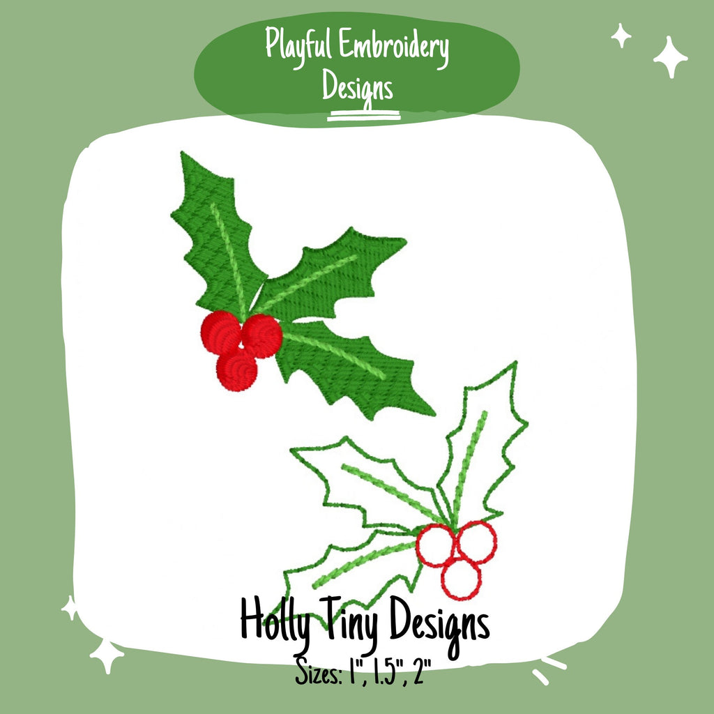 Tiny Holly Machine Embroidery Design, Mini Holly Embroidery Design, Tiny Christmas Designs for small embroidery, Bean Stitch Holly Design
