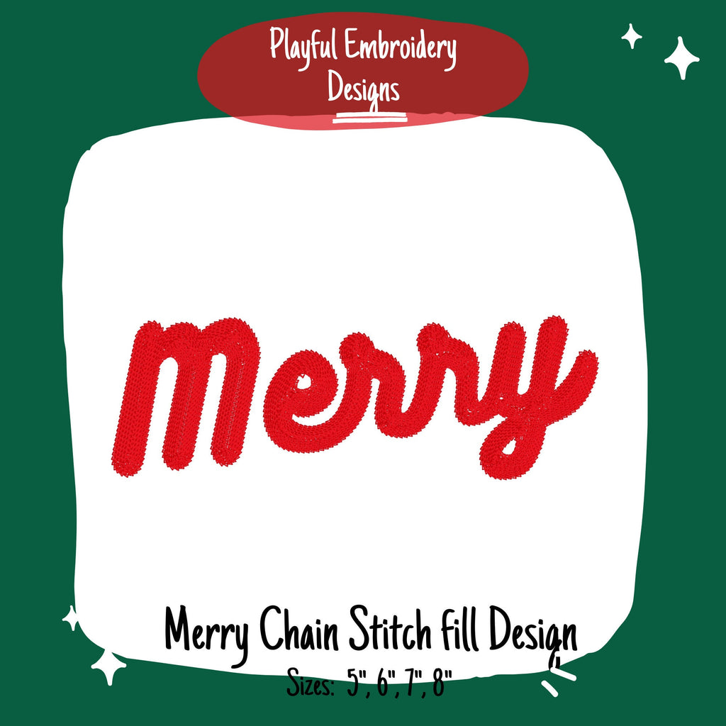 Merry Machine Embroidery Design, Merry Chain Stitch Fill Machine Embroidery Design, 4 sizes: 5", 6", 7", 8", Chain Stitch Design