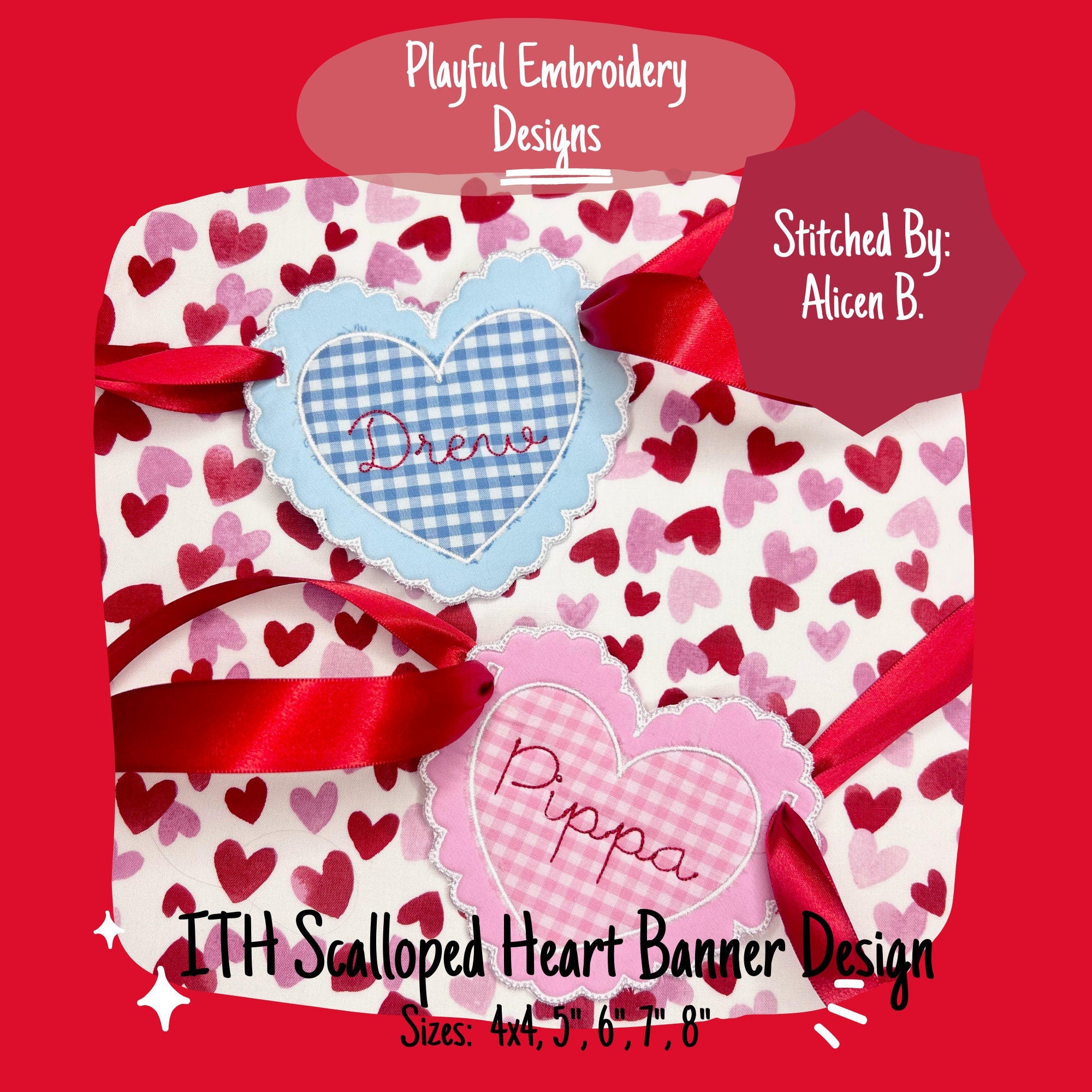 In The Hoop Scalloped Heart Banner Machine Embroidery Design, ITH Scalloped Heart Banner Design, ITH Valentine Banner