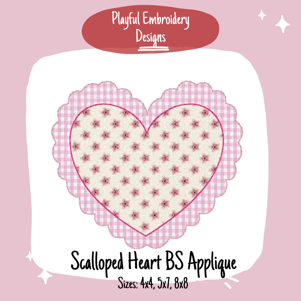Scalloped Heart Bean Stitch Applique Design, Valentine's Applique Machine Embroidery Design, Valentine's Embroidery Design, Digital Download