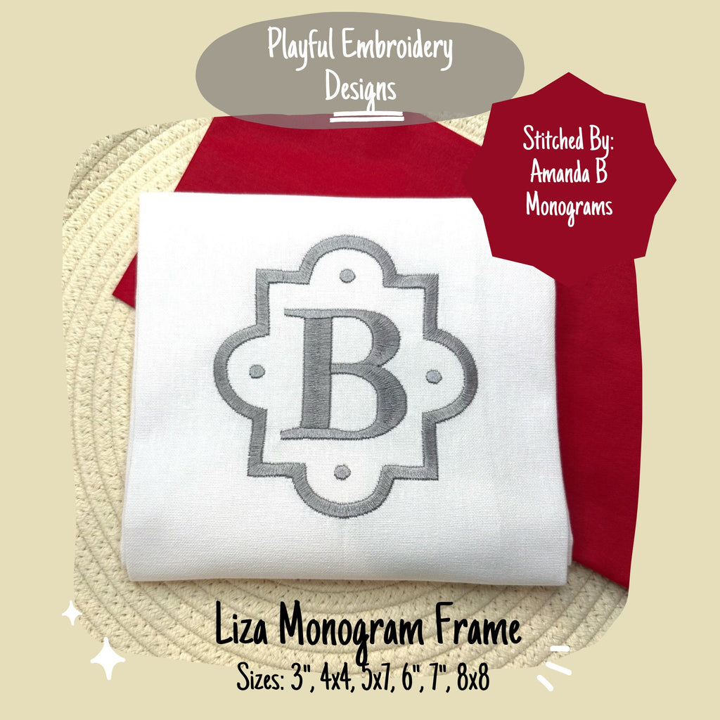 Quatrefoil Satin Stitch Monogram Frame, The Liza Monogram Frame, French Monogram Machine Embroidery, Satin Stitch Monogram Frame