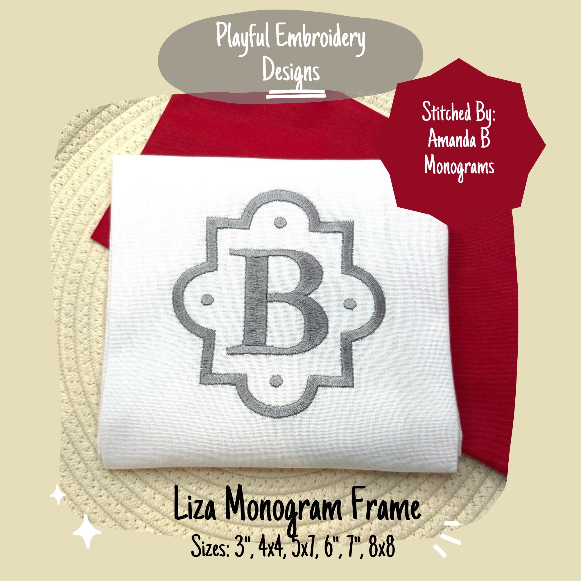 Quatrefoil Satin Stitch Monogram Frame, The Liza Monogram Frame, French Monogram Machine Embroidery, Satin Stitch Monogram Frame