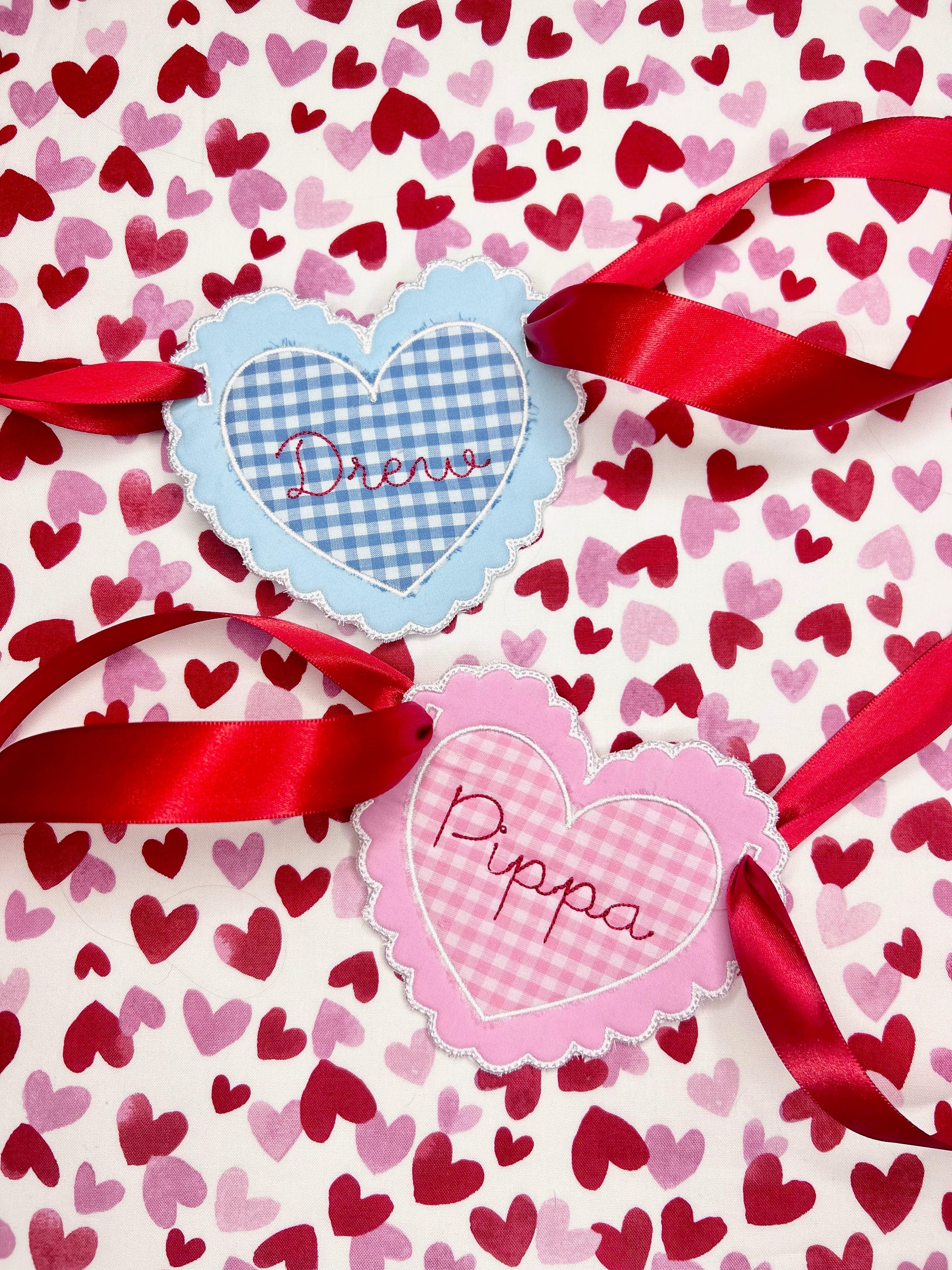 In The Hoop Scalloped Heart Banner Machine Embroidery Design, ITH Scalloped Heart Banner Design, ITH Valentine Banner
