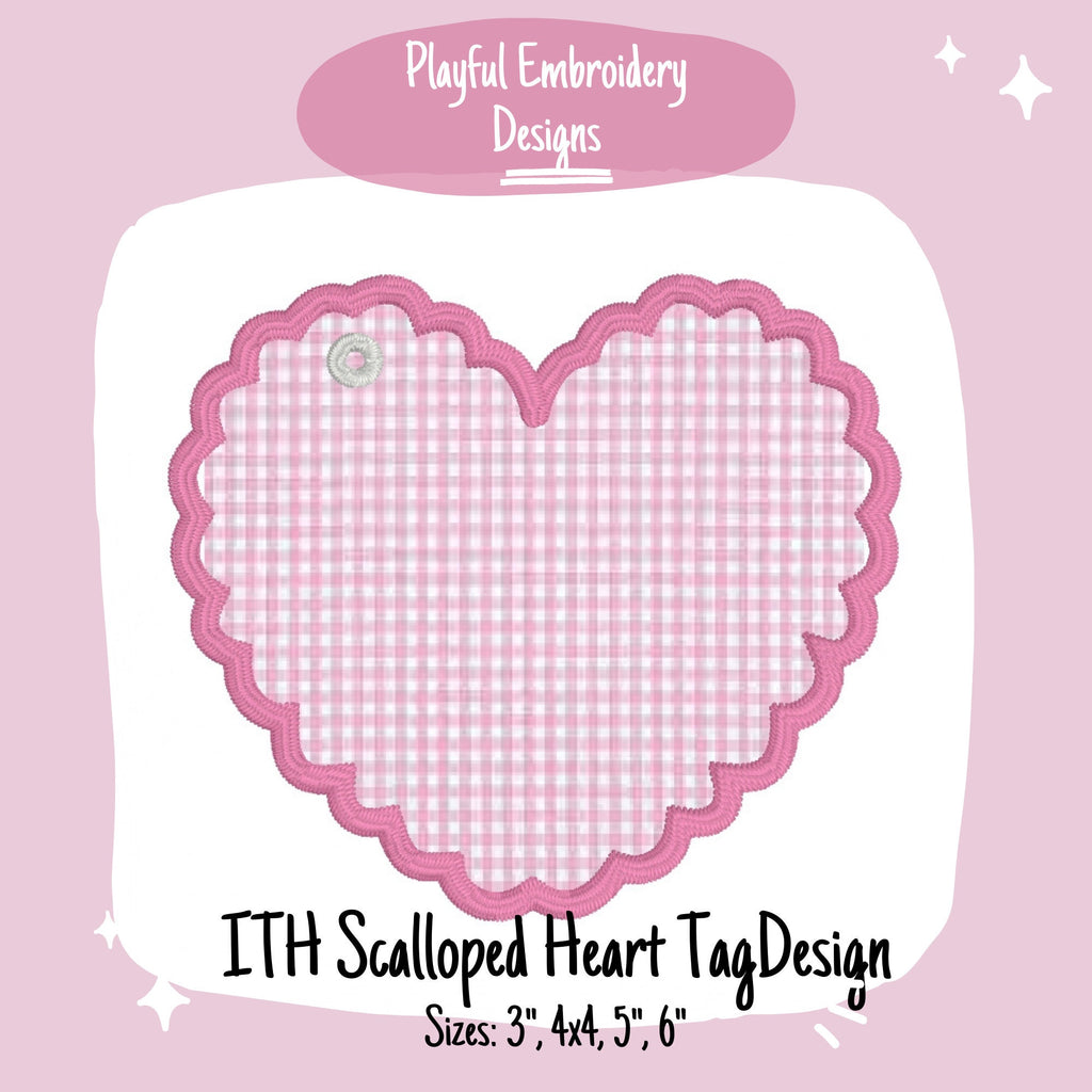 In The Hoop Scalloped Heart Tag Machine Embroidery Design, Heart ITH Bag Tag Design, Satin Stitch Heart Tag, Valentine's ITH Design