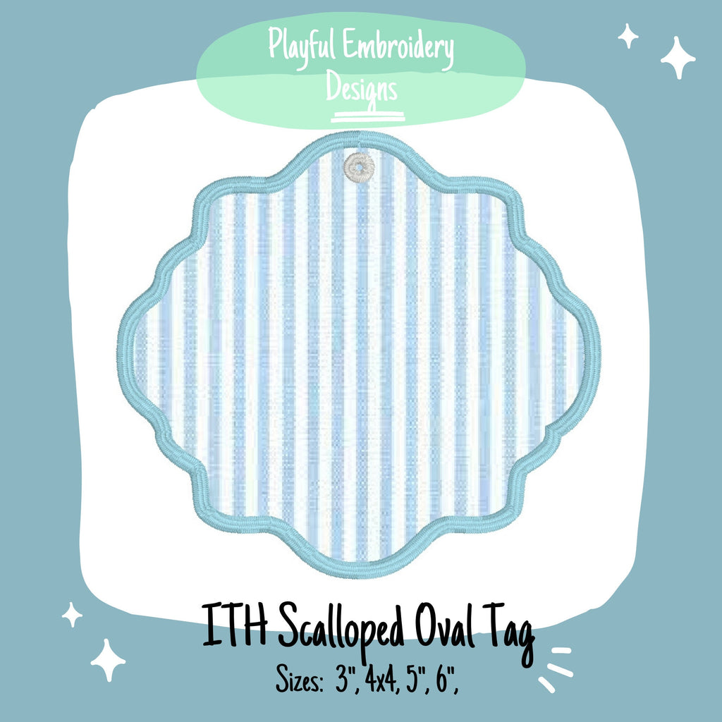 In The Hoop Scalloped Oval Bag Tag or Ornament Machine Embroidery Design, Simple ITH Bag Tag, Gift Tag, 4x4