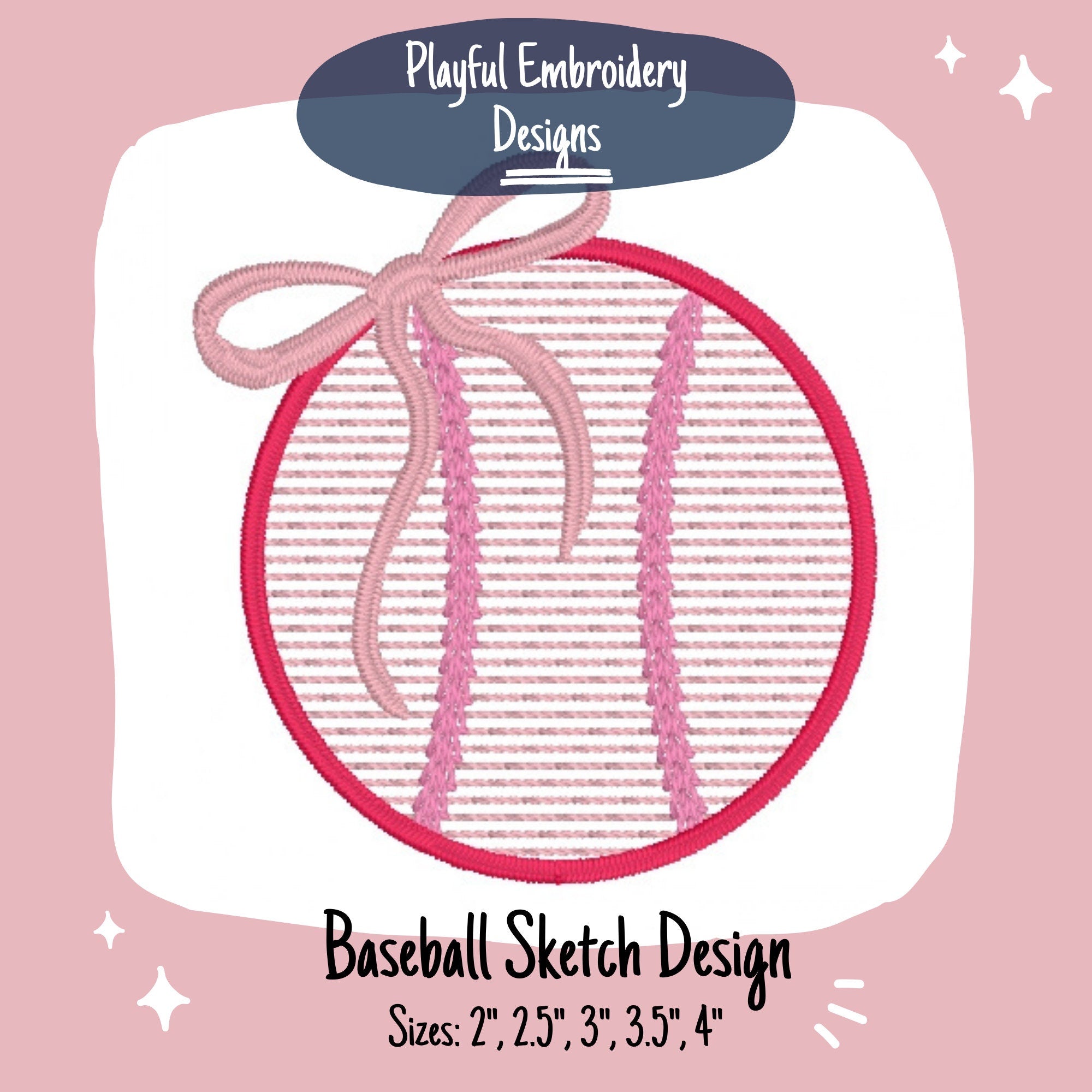 Girly Baseball Sketch Embroidery Design, Quick Stitch Baseball Embroidery Design, Sketch Baseball Design with Bow, Sports Embroidery