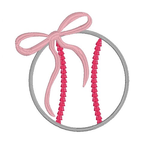 Baseball with Bow Embroidery Design, Quick Stitch Baseball Embroidery Design, Satin Stitch Baseball Design