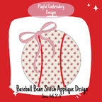 Girly Baseball Bean Stitch Applique Design, Quick Stitch Baseball Embroidery Design, Bean Stitch Baseball Design with Bow