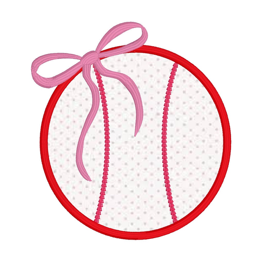 Baseball Satin Stitch Applique Design, Quick Stitch Baseball Embroidery Design, Satin Stitch Baseball with Bow Design