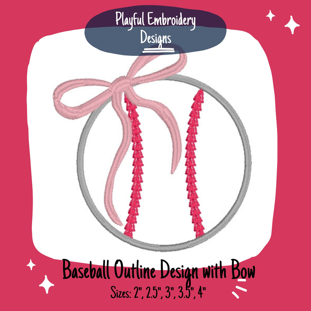 Baseball with Bow Embroidery Design, Quick Stitch Baseball Embroidery Design, Satin Stitch Baseball Design