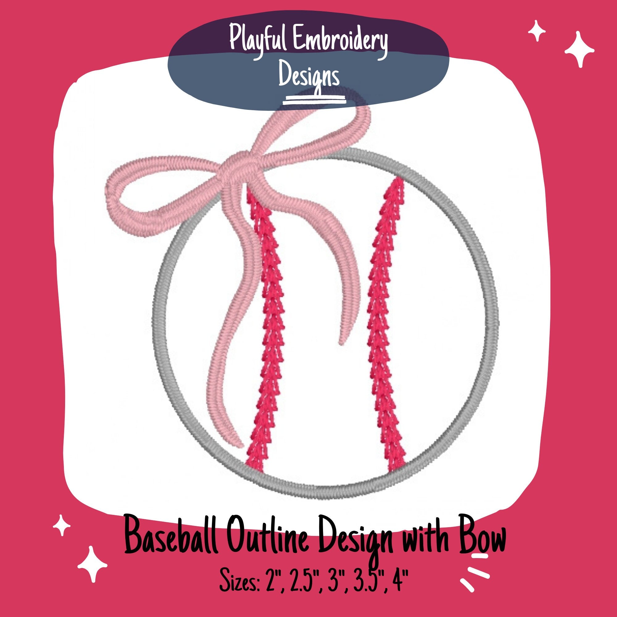 Baseball with Bow Embroidery Design, Quick Stitch Baseball Embroidery Design, Satin Stitch Baseball Design