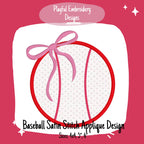 Baseball Satin Stitch Applique Design, Quick Stitch Baseball Embroidery Design, Satin Stitch Baseball with Bow Design