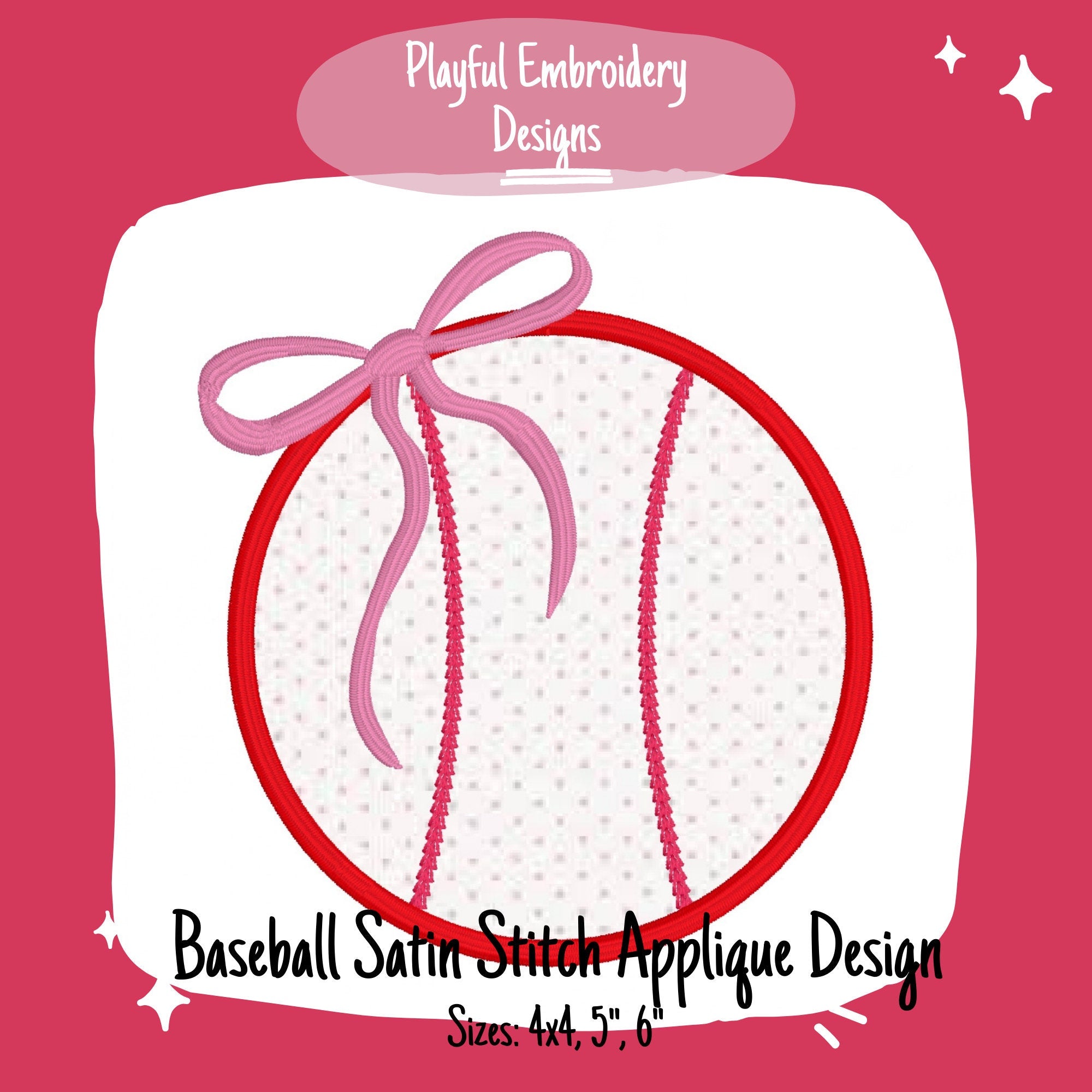Baseball Satin Stitch Applique Design, Quick Stitch Baseball Embroidery Design, Satin Stitch Baseball with Bow Design