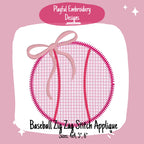 Baseball Applique with Bow Design, Baseball Zig Zag Stitch Applique Design, Zig Zag Stitch Baseball with Bow Design