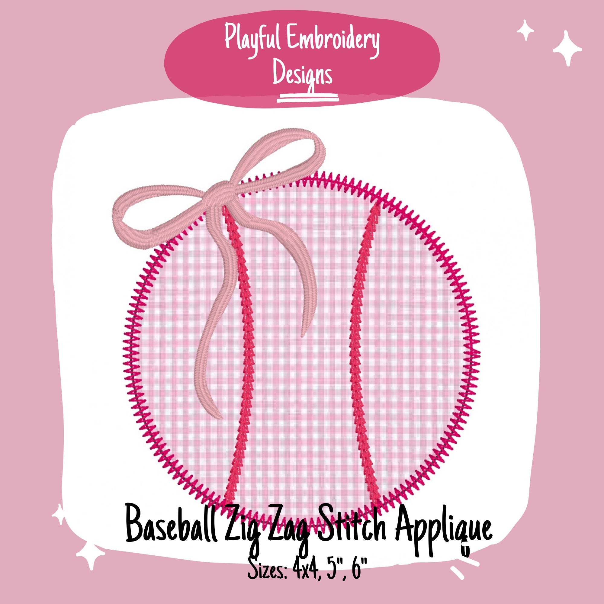 Baseball Applique with Bow Design, Baseball Zig Zag Stitch Applique Design, Zig Zag Stitch Baseball with Bow Design