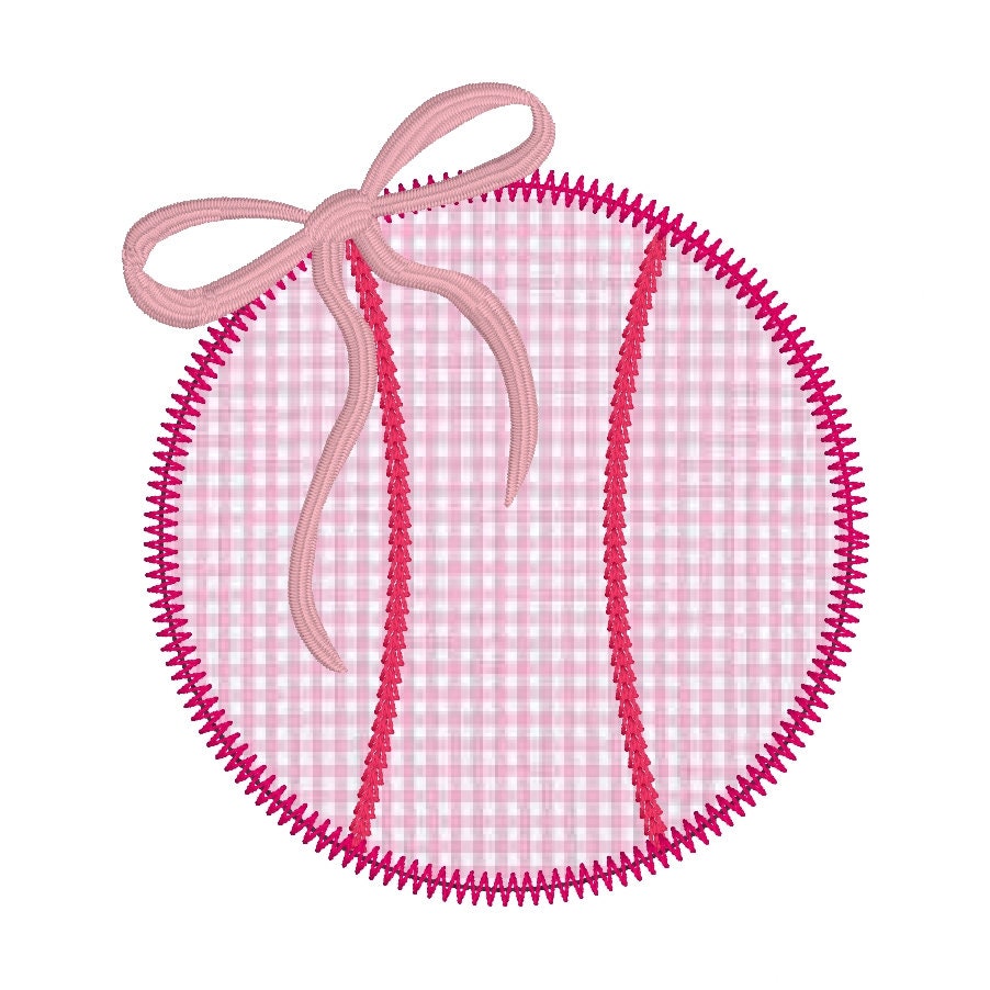 Baseball Applique with Bow Design, Baseball Zig Zag Stitch Applique Design, Zig Zag Stitch Baseball with Bow Design