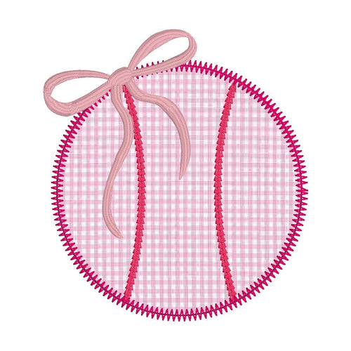 Baseball Applique with Bow Design, Baseball Zig Zag Stitch Applique Design, Zig Zag Stitch Baseball with Bow Design