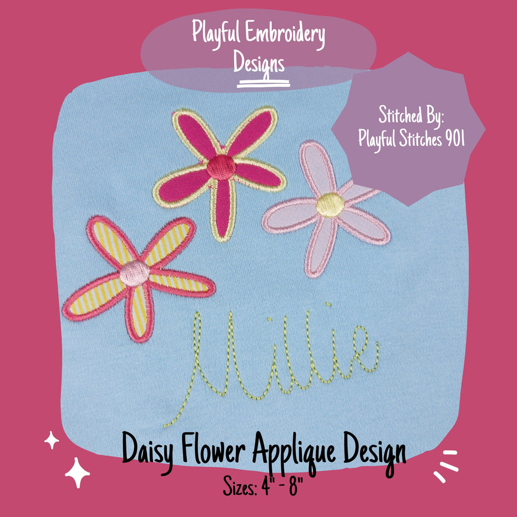 Three Daisy Flower Applique Design, Daisy Applique Machine Embroidery Design, Satin Stitch Floral Applique Design