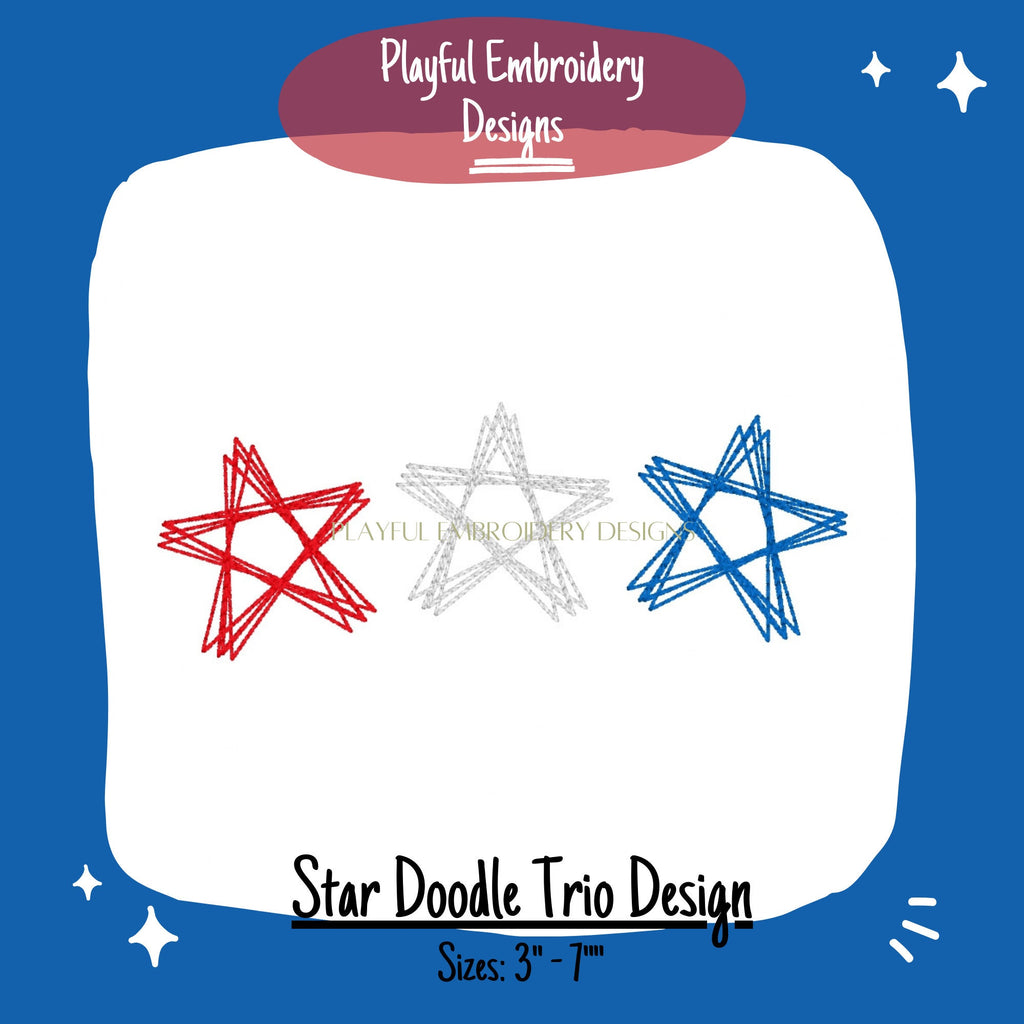 Star Doodle Machine Embroidery Design, Bean Stitch Star Design, Quick Stitch Star Embroidery Design, Scribble Star Trio Embroidery Design