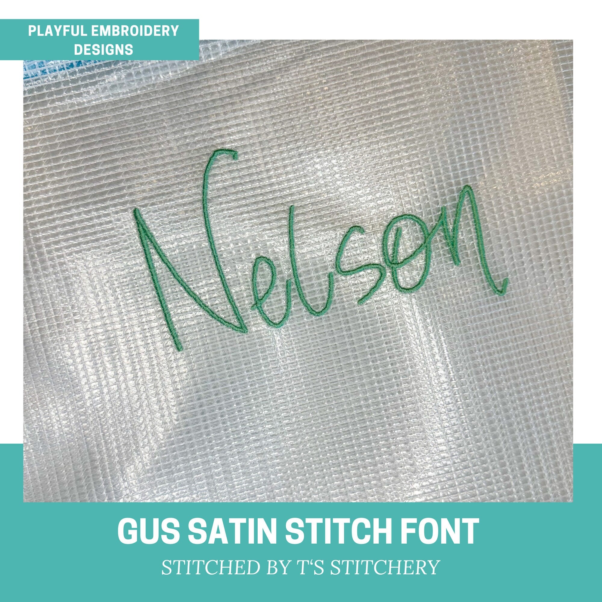 The Gus Satin Stitch Embroidery Font, Handwriting Machine Embroidery Font, Playful Embroidery font, 1", 1.5", 2" font size
