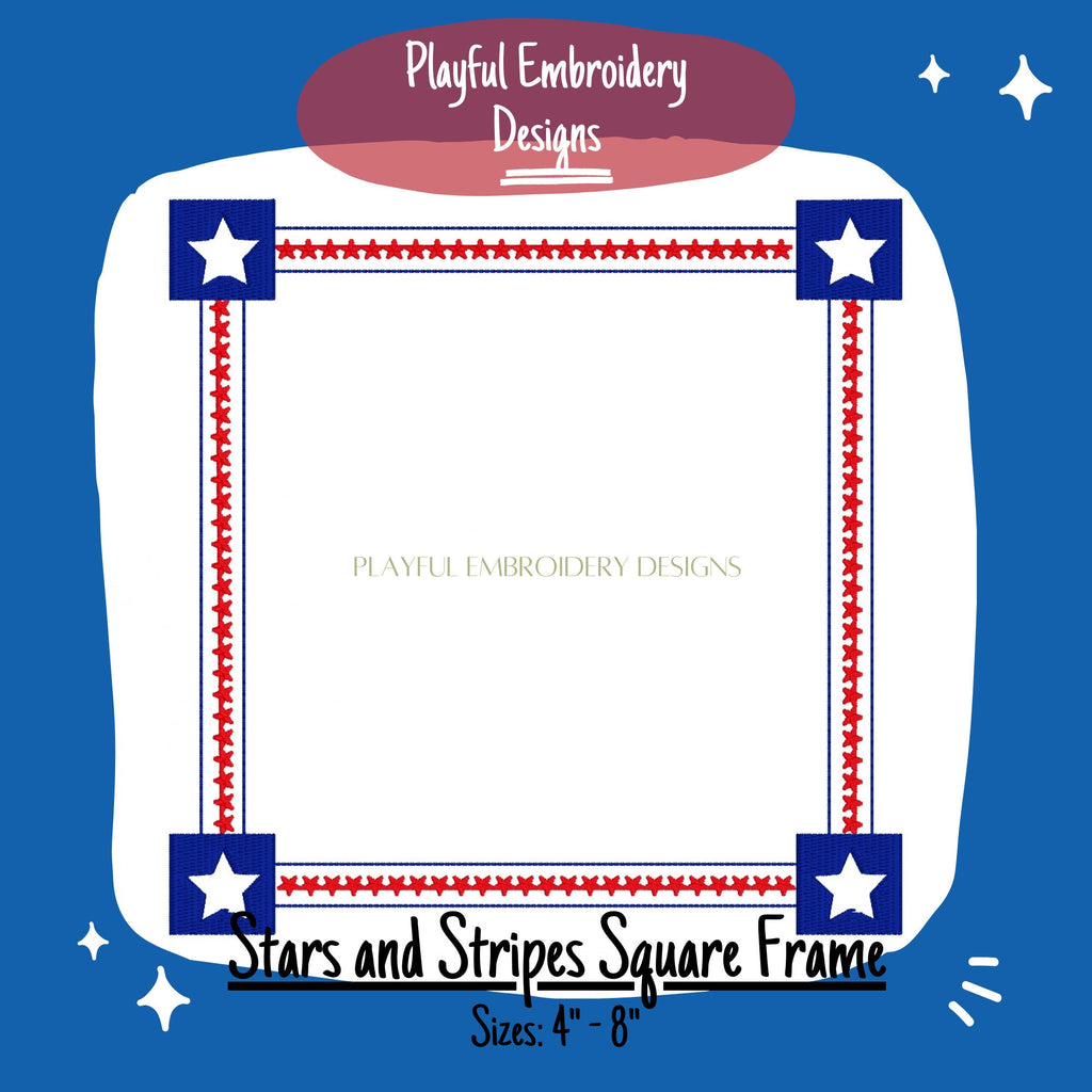 Stars and Stripes Square Monogram Frame Design, Patriotic Monogram Frame for Machine Embroidery, Star Square Frame Design
