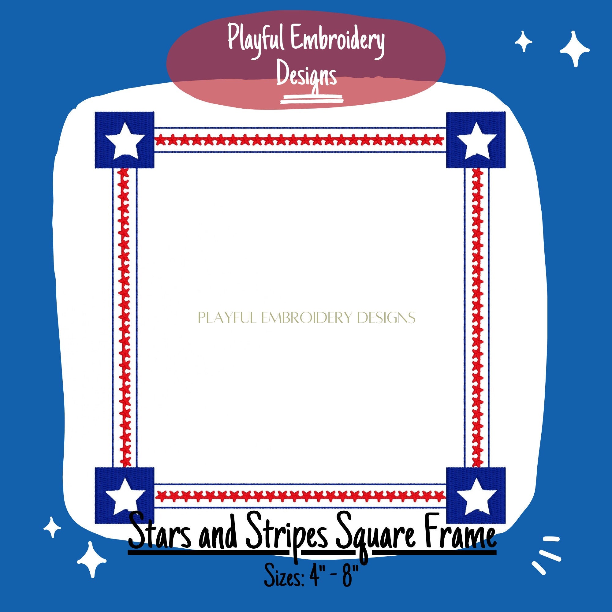 Stars and Stripes Square Monogram Frame Design, Patriotic Monogram Frame for Machine Embroidery, Star Square Frame Design