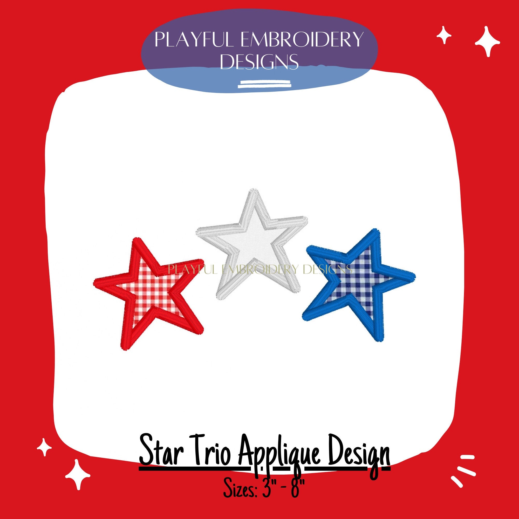 Star Trio Applique Machine Embroidery Design, Satin Stitch Star Applique Trio Design, Satin Stitch Applique Design, Patriotic Applique