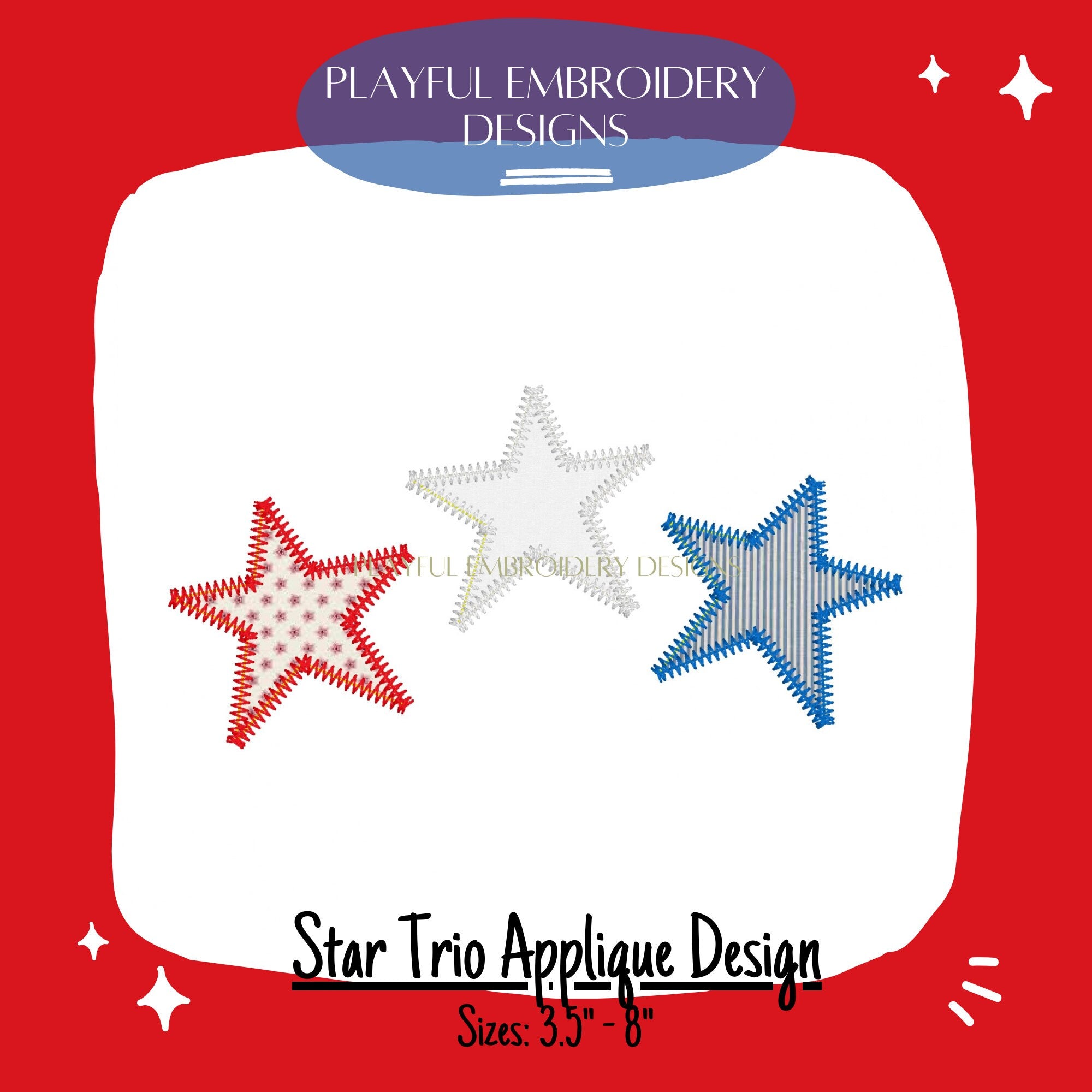 Star Trio Applique Machine Embroidery Design, Zig Zag Stitch Star Applique Trio Design, Zig Zag Stitch Applique Design, Patriotic Applique