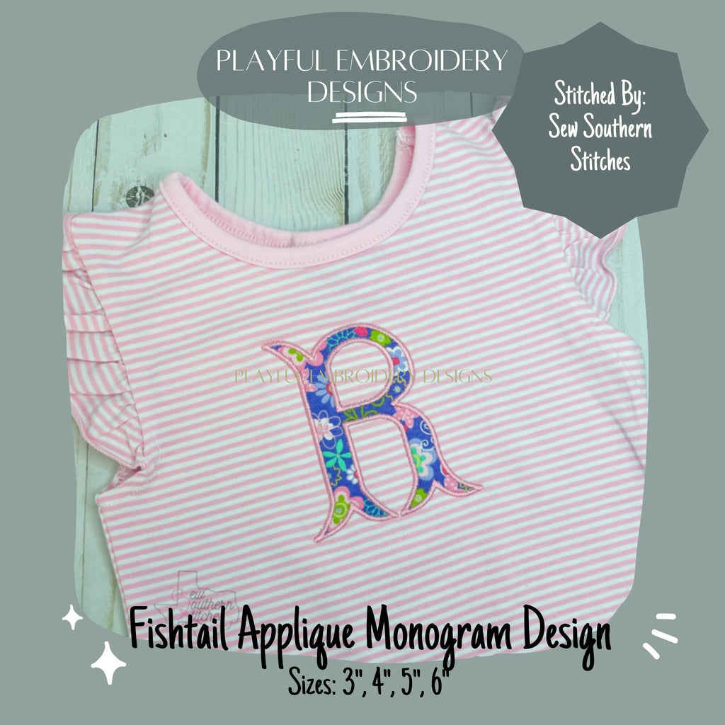 Fishtail Applique Monogram Design, Satin Stitch Fishtail Applique Machine Embroidery Font, 3", 4", 5", 6" font size, BX Monogram Font