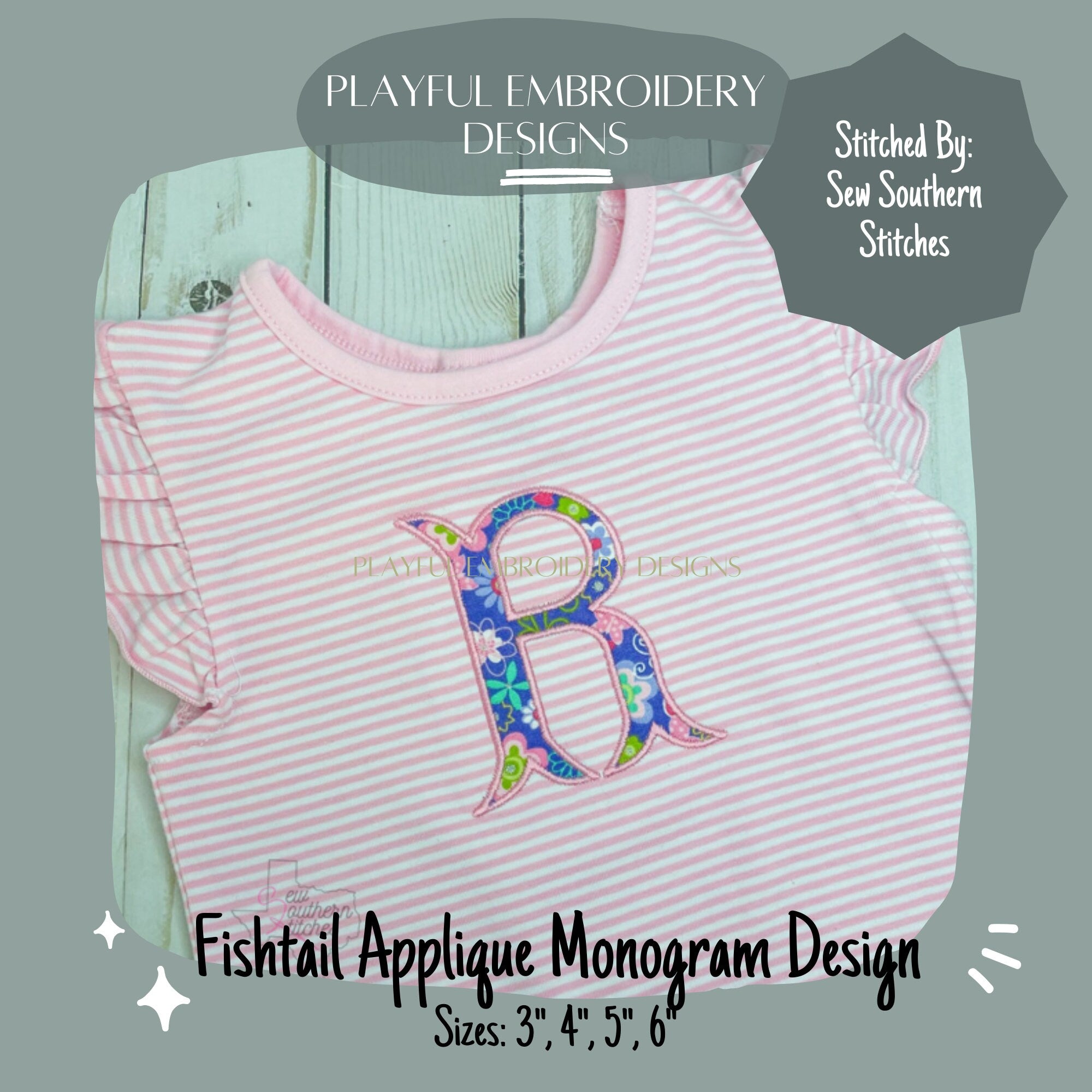 Fishtail Applique Monogram Design, Satin Stitch Fishtail Applique Machine Embroidery Font, 3", 4", 5", 6" font size, BX Monogram Font